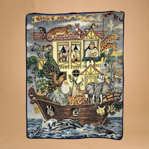 Noah's Ark Tapestry Wall Hanging Flora Fauna Needlework 30" x 24"